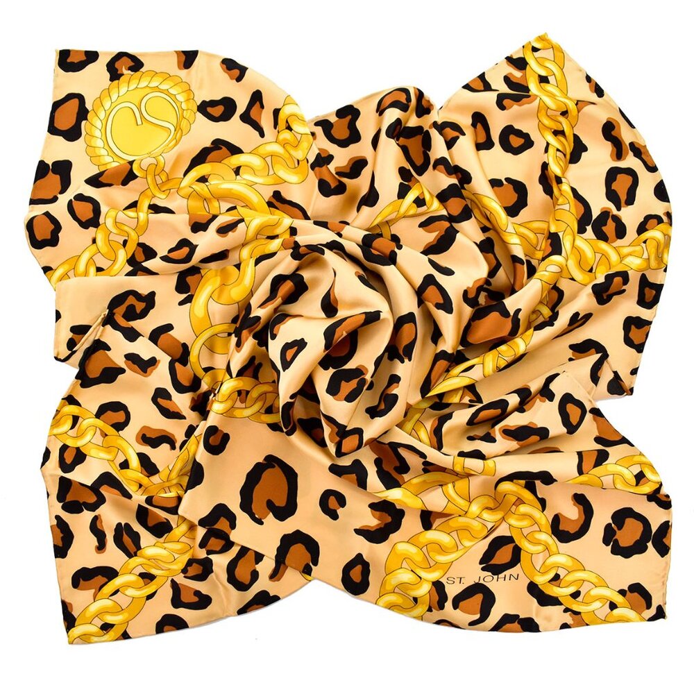 St. John Leopard/Chain Print 33" Square Silk Scarf in Brown/Gold Multi